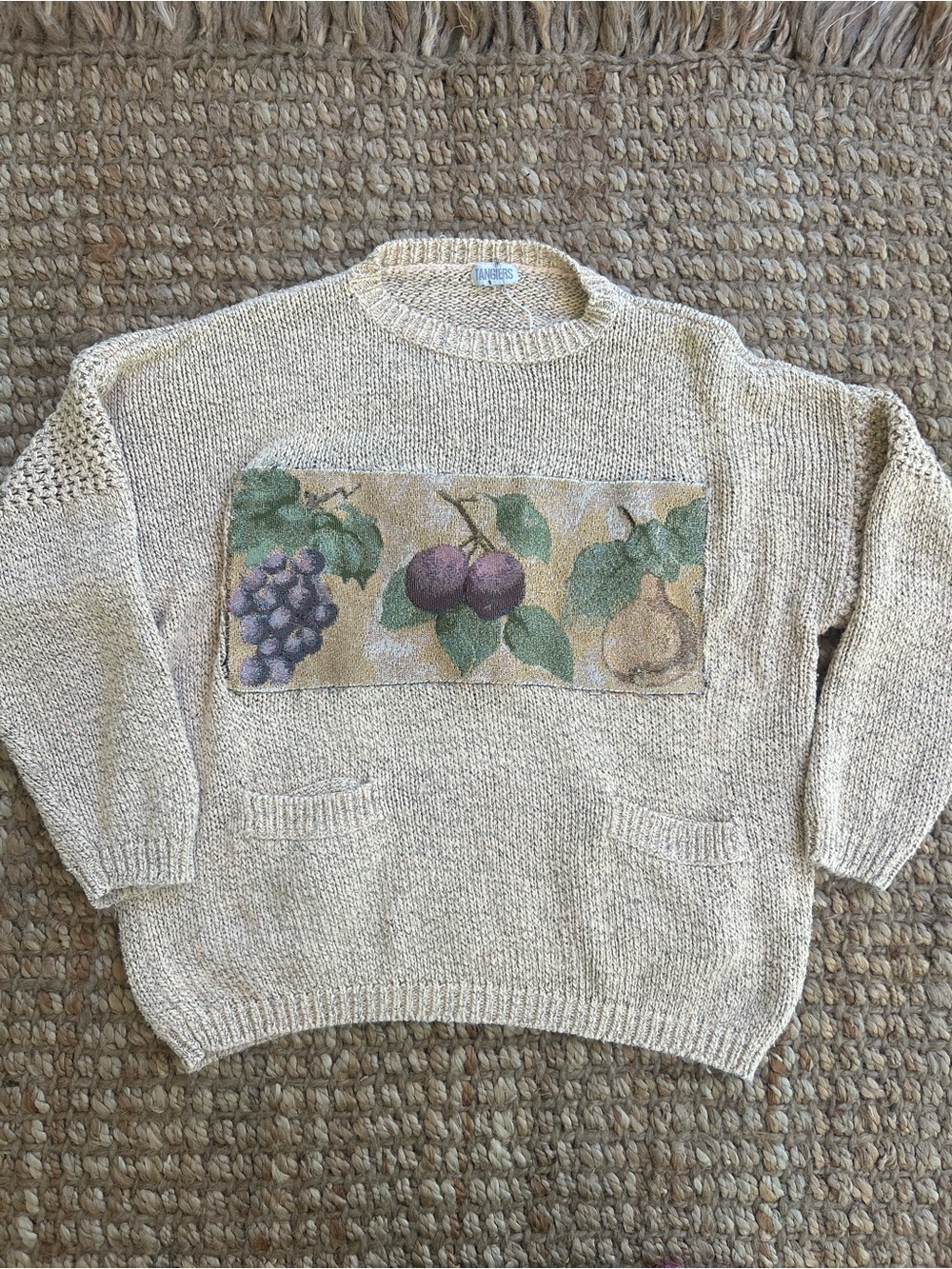 Upcycled Tan Fruit Crewneck Sweater with Front Pockets